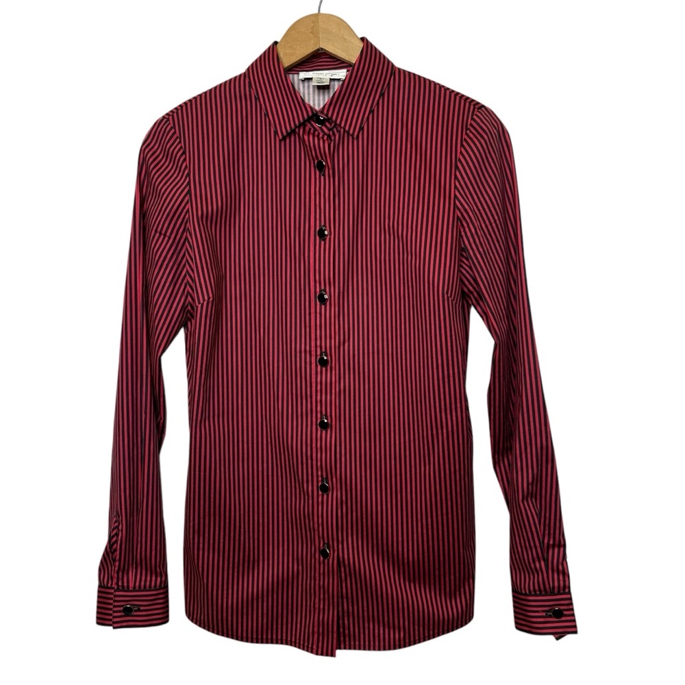ST. JOHN SPORT Black & Red Stripe Button Down Long Sleeve Top Size 2 - Picture 1 of 13